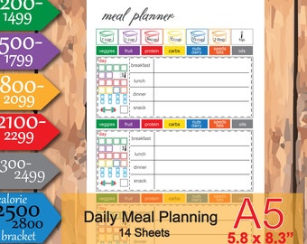 Daily meal planner printable, 1200,1500,1800,2100,2300,2500 Calories Tracker, a5 planner inserts, Grocery List and more - Instant Download