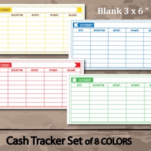May include: A set of eight cash tracker cards in various colors: yellow, blue, red, and green. Each card is 3 x 6 inches and features a table with columns for date, description, deposit, payment, and balance. The text "Cash Tracker Set of 8 COLORS" is at the bottom.