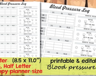 Blood Pressure Log, Health and Mood Tracker (Instant Download)