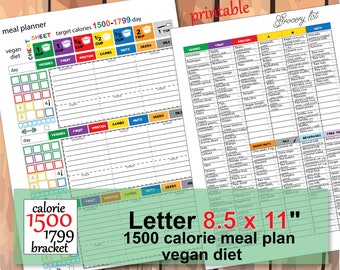 May include: Printable 8.5 x 11 inch meal planner sheet for a 1500-1799 calorie vegan diet. The sheet includes a cheat sheet with sections for veggies, fruit, protein, carbs, nuts, seeds, and oils. The sheet also includes a grocery list with sections for veggies, fruit, protein, carbs, nuts, seeds, and oils.