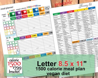 Daily Meal Plan for Vegan diet,  1500 calorie meal plan, 1500 calories  tracker, meal planner printable, Grocery List - Instant Download