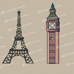 May include: A black and white illustration of the Eiffel Tower and Big Ben. The Eiffel Tower is on the left and Big Ben is on the right.