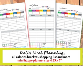 calorie meal plan, meal planner mini happy planner size inserts, all calories bracket  planner size 4,55 x 7" – Instant download