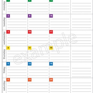 May include: A printable workout calendar with a grid of 21 numbered squares. The squares are colour-coded with green, purple, red, yellow, blue, orange, and grey.