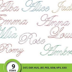 May include: A digital embroidery design file for 9 different names: Alba, Alice, Jade, Emma, Anna, Mia, Rose, Louise, and Romy. The names are written in a cursive script font. The file is available in the following formats: DST, EXP, HUS, JEF, PES, SEW, VP3, and XXX.
