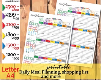 daily meal planner printable , food journal, calorie meal plan 1200,1500,1800,2100,2300,2500 , calories tracker bundle - Instant Download