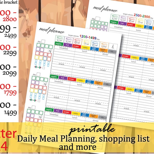 daily meal planner printable , food journal, calorie meal plan 1200,1500,1800,2100,2300,2500 , calories tracker bundle - Instant Download