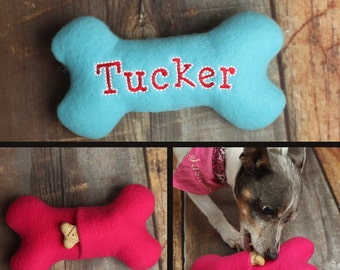 Treat Pocket Personalized Stuffed Squeaky Dog Bone Toy