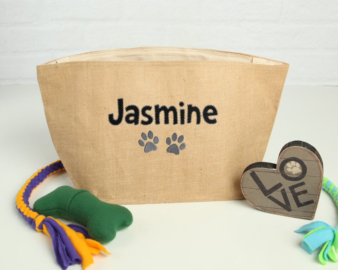 Personalized Dog Toy Basket, Natural Burlap Storage Bag, Dog Toy