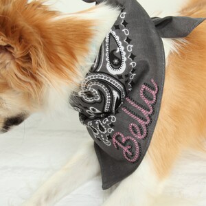 May include: A small, light brown and white dog wearing a gray bandana with a paisley pattern and the name "Bella" embroidered in pink rhinestones.