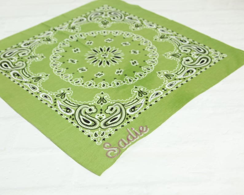 May include: A green bandana with a paisley pattern and the name "Sadie" embroidered in pink.
