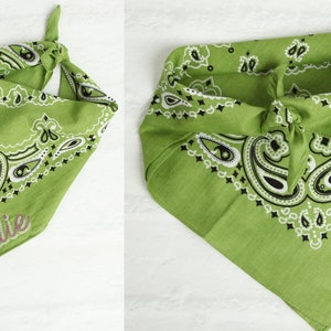 May include: Green bandana with a paisley pattern and black and white trim. The bandana has the name "Sadie" embroidered on it in pink.