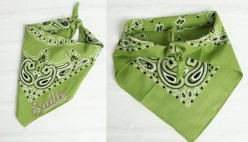 May include: Green bandana with a paisley pattern and black and white trim. The bandana has the name "Sadie" embroidered on it in pink.