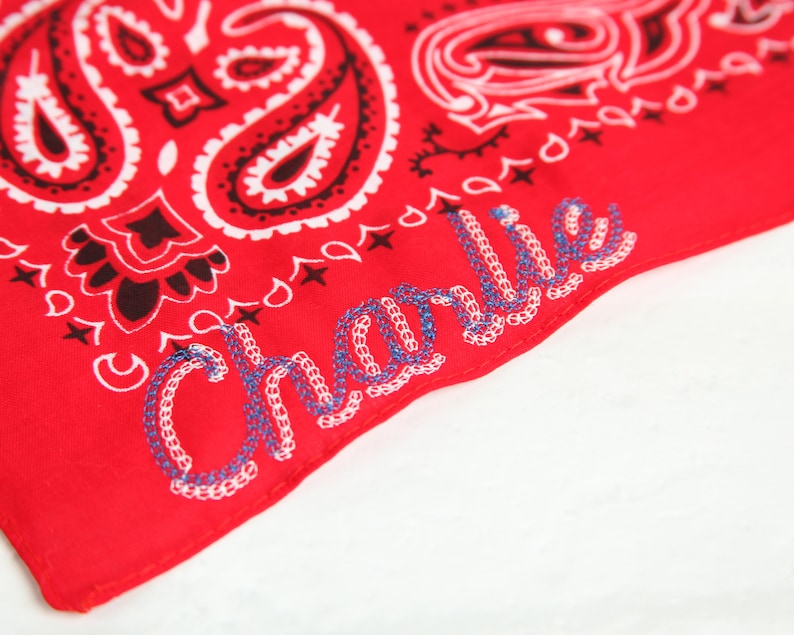 May include: Red bandana with a paisley pattern and the name "Charlie" embroidered in white and blue thread.