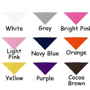 May include: A chart showing 14 different color options for a bandana. The colors are: black, white, gray, bright pink, emerald green, lime green, light pink, navy blue, orange, red, turquoise, yellow, purple, and cocoa brown.