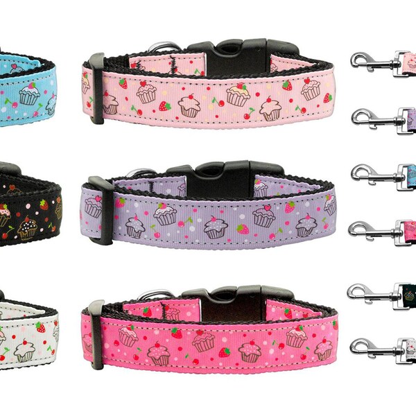 Cupcakes Dots Ribbon Nylon Dog Collar or Leash - Ribbon Dog Collar - Nylon Dog Leash - Matching Collar and Leash - Washable Dog Collar