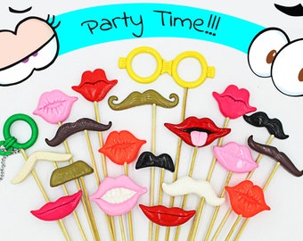 Plastic Photo Booth Props set, Mustaches and lips, Wedding photo props, Birthday photo props, Polymer Clay, party props