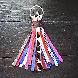 Large Genuine Leather tassels, cheetah tassel, animal print tassel, leopard tassel, hair on hide tassel, purse charm tassel, chunky tassel