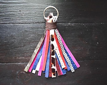 Large Genuine Leather tassels, cheetah tassel, animal print tassel, leopard tassel, hair on hide tassel, purse charm tassel, chunky tassel