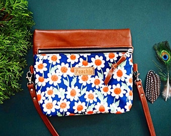 Genuine Leather Daisy Crossbody bag, Caramel leather crossbody bag, floral crossbody bag, garden crossbody bag, navy floral crossbody bag