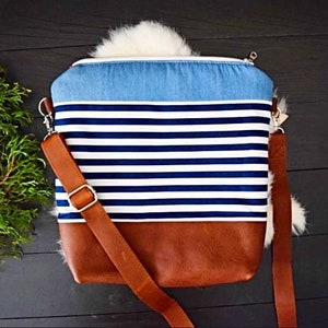 Genuine Leather stripe crossbody bag, minimalist crossbody, navy crossbody bag, large crossbody, nautical crossbody bag
