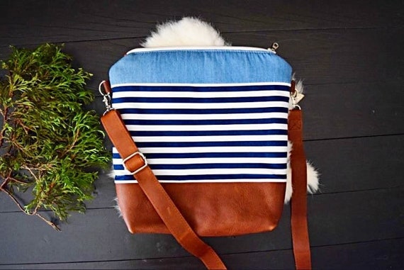 Genuine Leather Stripe Crossbody Bag, Minimalist Crossbody, Navy