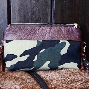 Genuine Leather Canvas Camoflauge crossbody bag, camo crossbody bag, brown leather crossbody, fall crossbody bag, camoflauge bag, camo purse