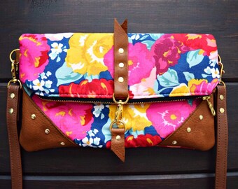 Bright Genuine leather floral crossbody, foldover crossbody bag, foldover purse, floral purse, flower bag, Foldover crossbody