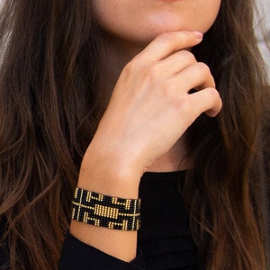 Beaded bracelet, Black gold bracelet, Bead loom bracelet, Seed bead bracelet, Wide beaded bracelet, Beaded cuff bracelet, Art deco bracelet