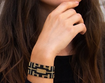 Beaded bracelet, Black gold bracelet, Bead loom bracelet, Seed bead bracelet, Wide beaded bracelet, Beaded cuff bracelet, Art deco bracelet