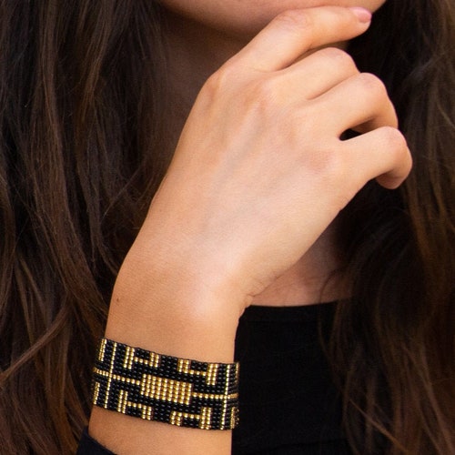 Black Gold Bracelet Seed Bead Cuff Wide Beaded Bracelet Etsy