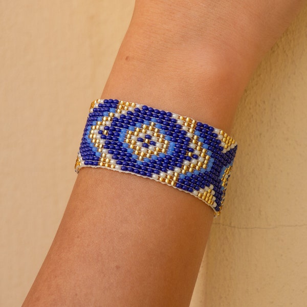 Bead loom bracelet, Seed bead bracelet, Wide beaded bracelet, Blue Bracelet, Beaded cuff bracelet, Bohemian bracele,t Boho style jewelry