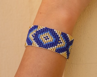 Bracciale di perline geometriche, bracciale intrecciato blu, bracciale largo, bracciale di perline di semi, bracciale Boho, bracciale Boho, gioielli etnici