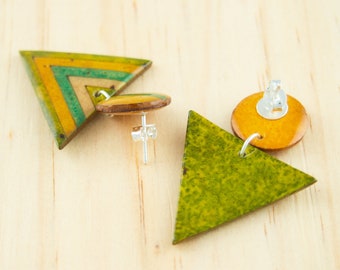 Statement mustard earrings made with fruit + sterling silver, geometric earrings, triangle earrings,  enamel earrings, earrings for woman