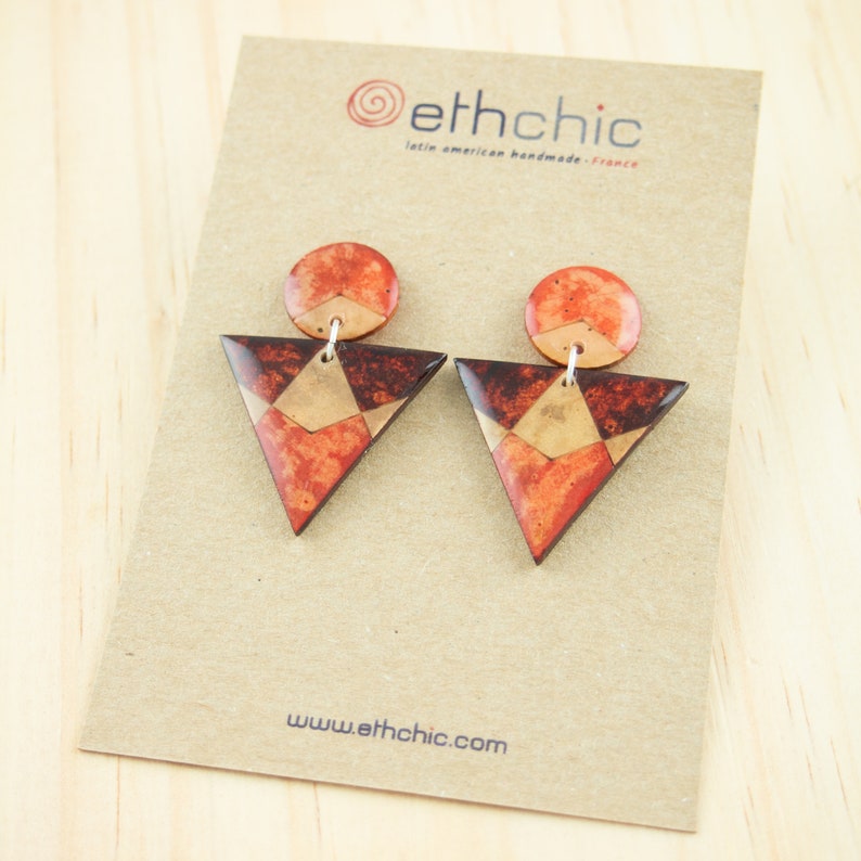 Geometric earrings made with fruit sterling silver, triangle earrings, enamel earrings effect, earrings for woman, patterned earrings image 6