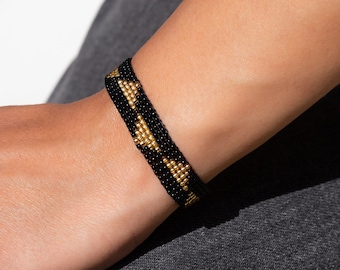 Beaded bracelet, Black gold bracelet, Bead loom bracelet, Seed bead bracelet, Wide beaded bracelet, Beaded cuff bracelet, Art deco bracelet