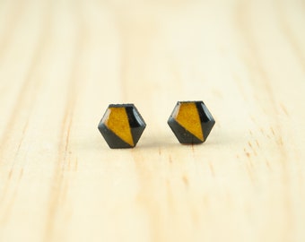 Hexagon stud earrings made with fruit, enamel earrings effect, bright earrings, handpainted earrings, black mustard earrings, geometric stud