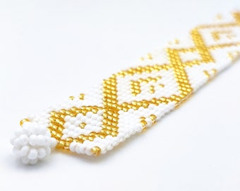 Bracelet perles, Style Boho Chic Blanc doré, Bracelet tissé, Manchette, Bracelet perles rocaille, Bracelet bohème
