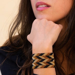 Black Gold Bracelet, Seed bead cuff, Wide beaded bracelet, Bead loom cuff, Beaded cuff bracelet, Bohemian cuff, elegant cuff, Cocktail cuff