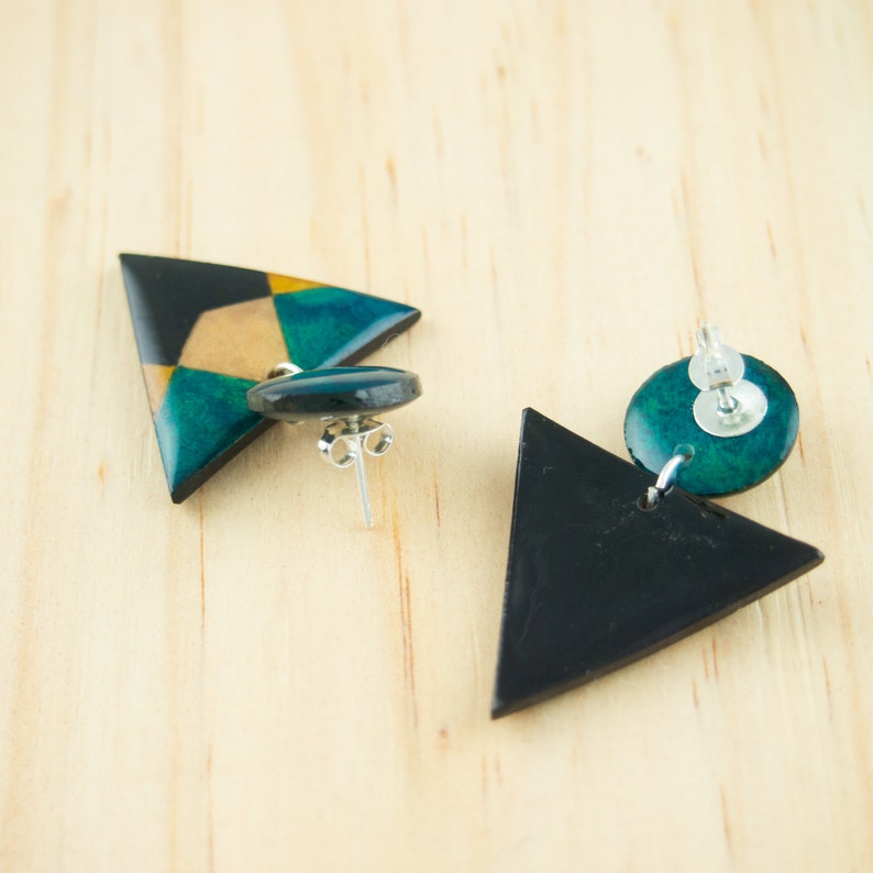 Geometric earrings made with fruit sterling silver, triangle earrings, enamel earrings effect, earrings for woman, patterned earrings image 7