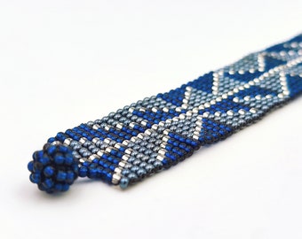 Bracelet perles tissé, Style Boho Chic Bleu, Bracelet large, Bracelet géométrique, Bracelet artisanal fait main