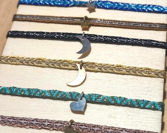 Boho bracelet 40 threads, thin, friendship, ethnic, women's, woven, silver or gold-plated charm (heart, star, moon), waterproof