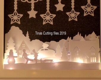 Winter Village Christmas Scene  - Multi layered & suitable for Shadow Box frame SVG Studio and FCM digital cutting formats