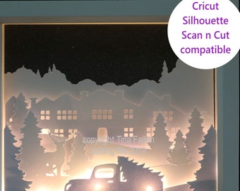 Accueil pour la scène de Noël Red Truck Multicouche et adapté pour Shadow Box Light Box cadre SVG Studio et FCM + PDF formats de découpe numérique