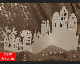 Christmas Town Tri Fold Card avec une boîte à cartes - Téléchargement de fichier de découpe numérique svg - studio et FCM