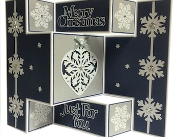 Frozen Snowflake Tri Shutter Fold Card with layering, snowflakes and bauble Christmas Card cutting file SVG - Studio and FCM