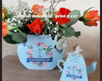 Mariage - boîte de faveur de théière et porte-fleur PDF, JPEG et fichier de coupe de téléchargement numérique Sil Studio