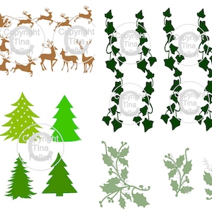 Christmas Decorations set, holly, ivy, deer and trees