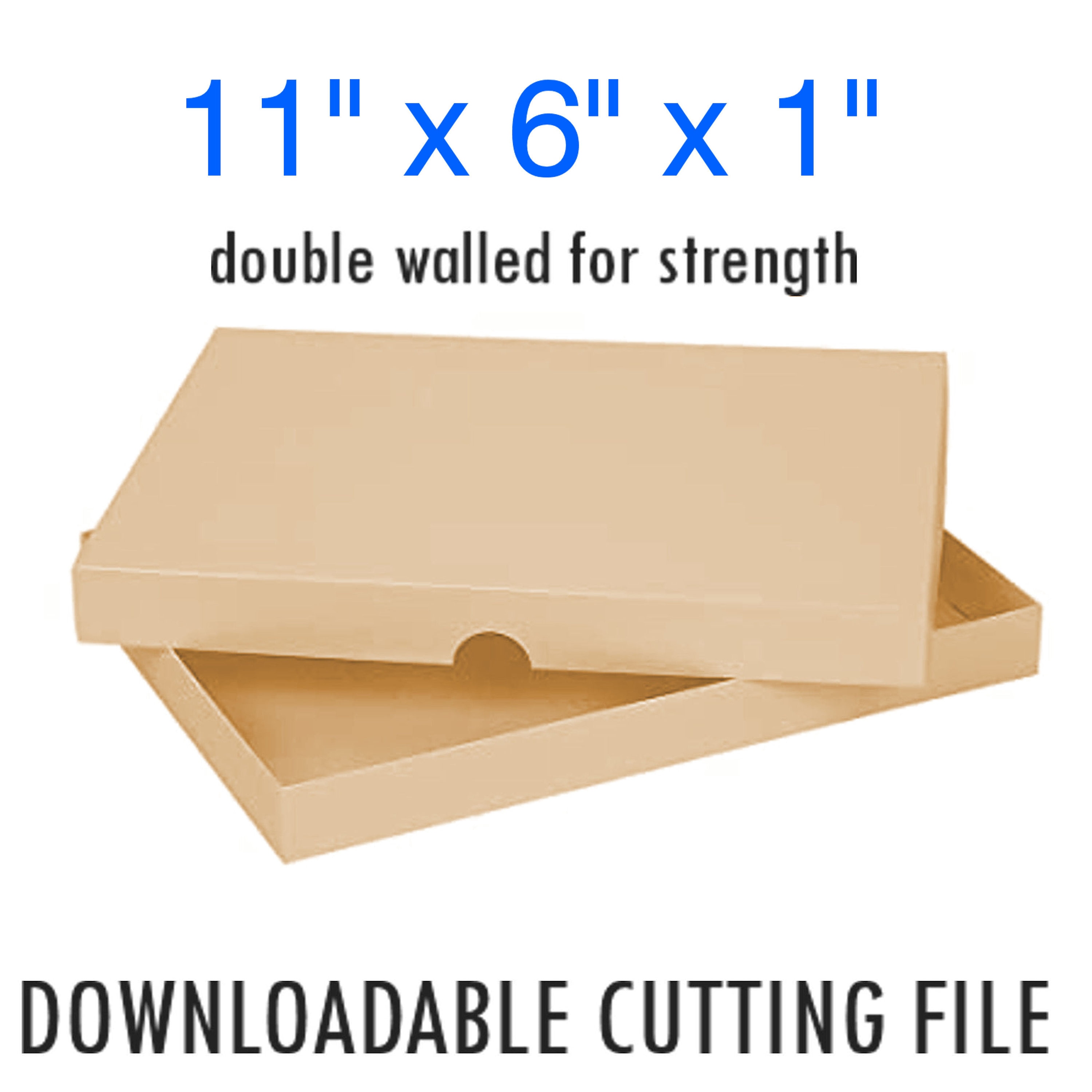 Box 11" x 6" x 1"  Double walled and lined for extra rigidity downloadable cutting file