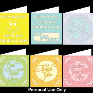 Conjunto de 6 cartões para Auto-Isolamento - Abraços, Fique Bem, Continue Sorrindo, Obrigado e arquivos de corte digital em envelope formato SVG- Studio e FMC